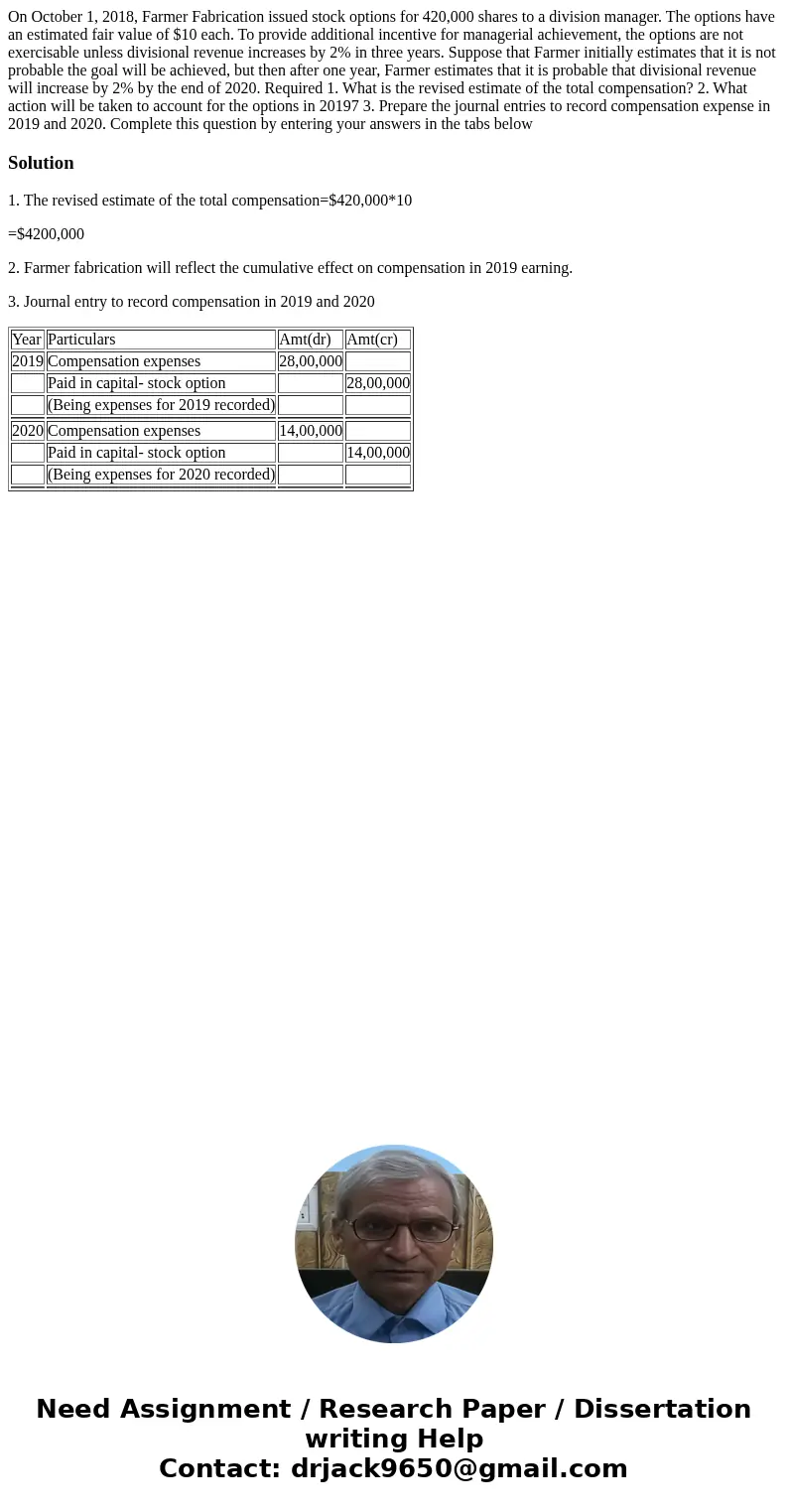  On October 1, 2018, Farmer Fabrication issued stock options for 420,000 shares to a division manager. The options have an estimated fair value of $10 each. To 