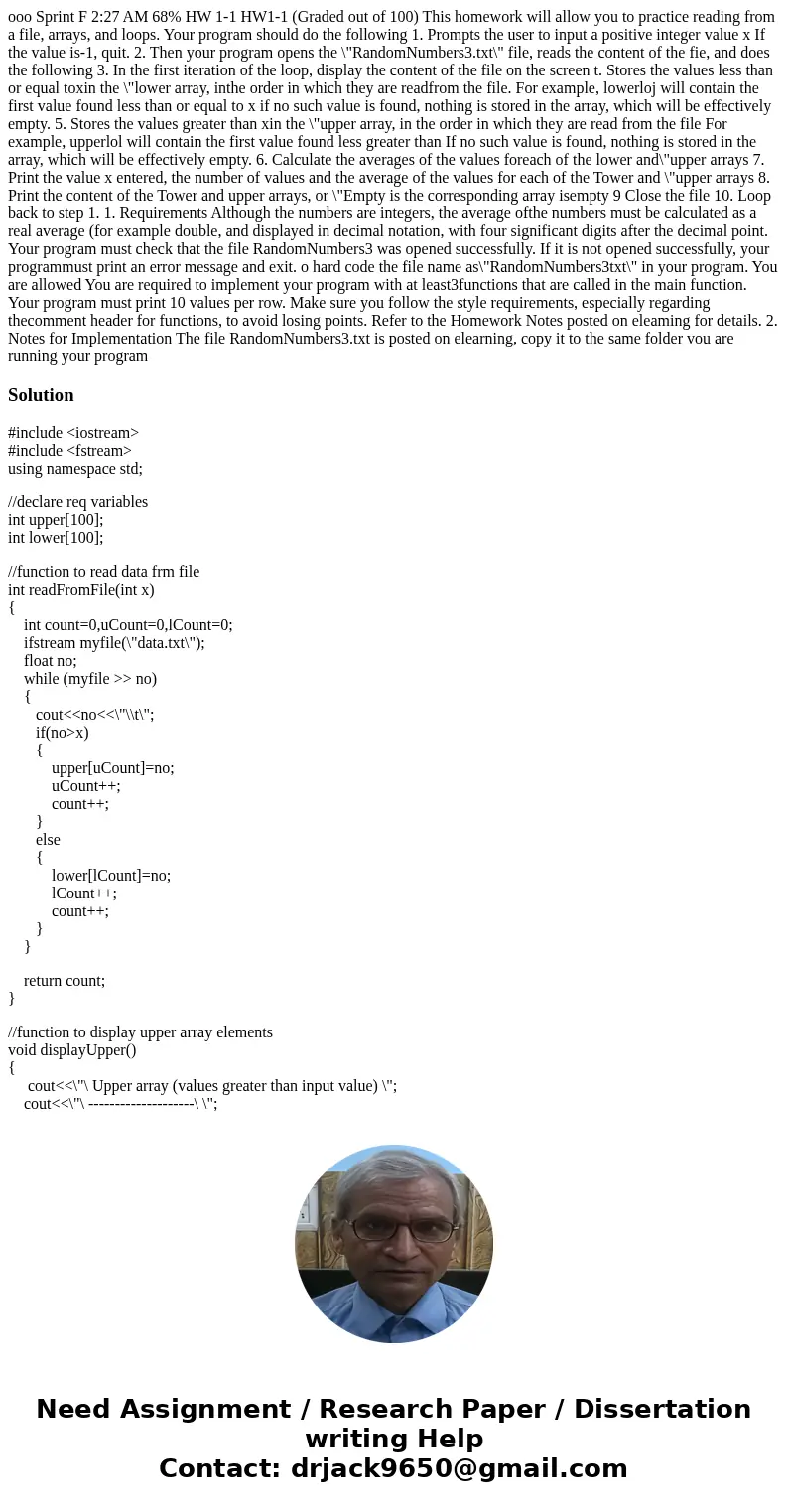  ooo Sprint F 2:27 AM 68% HW 1-1 HW1-1 (Graded out of 100) This homework will allow you to practice reading from a file, arrays, and loops. Your program should 