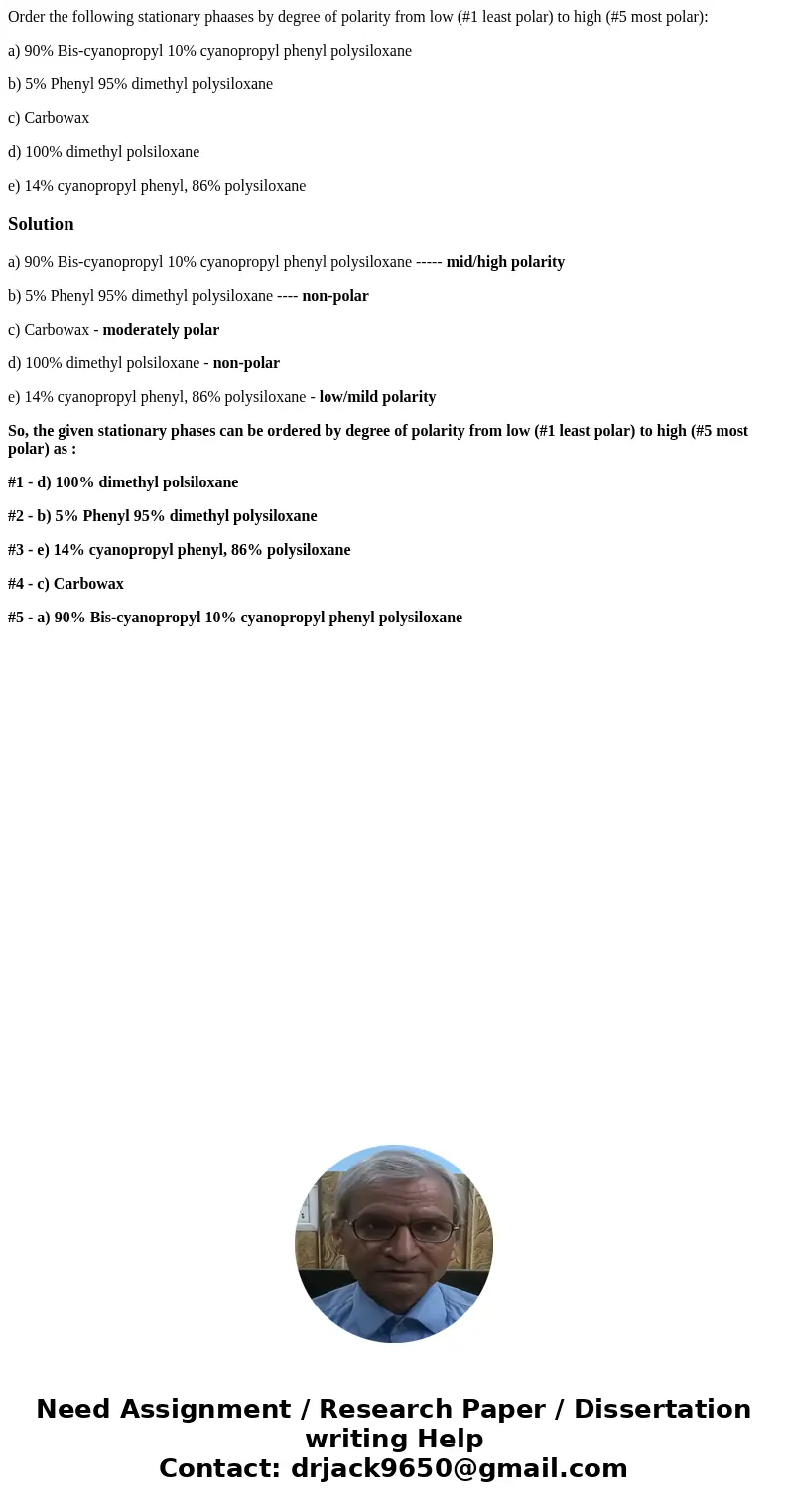 Order the following stationary phaases by degree of polarity from low (#1 least polar) to high (#5 most polar): a) 90% Bis-cyanopropyl 10% cyanopropyl phenyl po