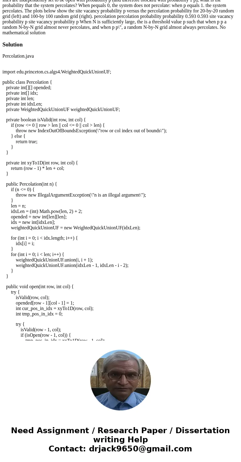 Percolation Java, this is an assignment where I need to build a java program to run percolation, there is a video to help get started which is what it is based  Percolation Java, this is an assignment where I need to build a java program to run percolation, there is a video to help get started which is what it is based