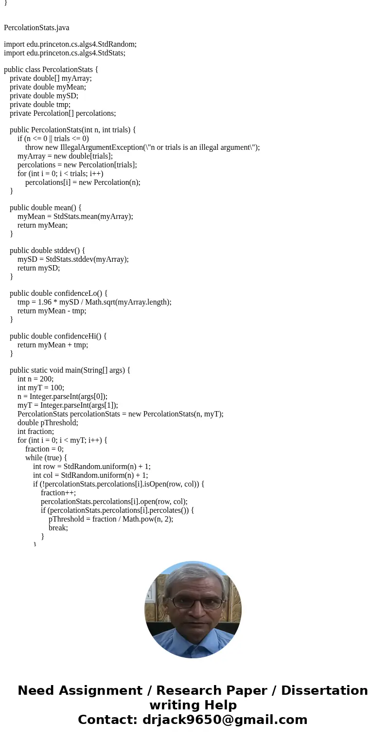 Percolation Java, this is an assignment where I need to build a java program to run percolation, there is a video to help get started which is what it is based  Percolation Java, this is an assignment where I need to build a java program to run percolation, there is a video to help get started which is what it is based