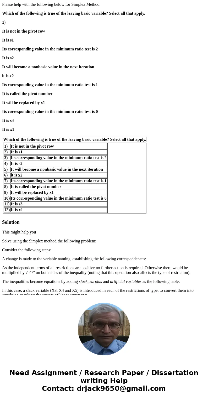 Please help with the following below for Simplex Method Which of the following is true of the leaving basic variable? Select all that apply. 1) It is not in the