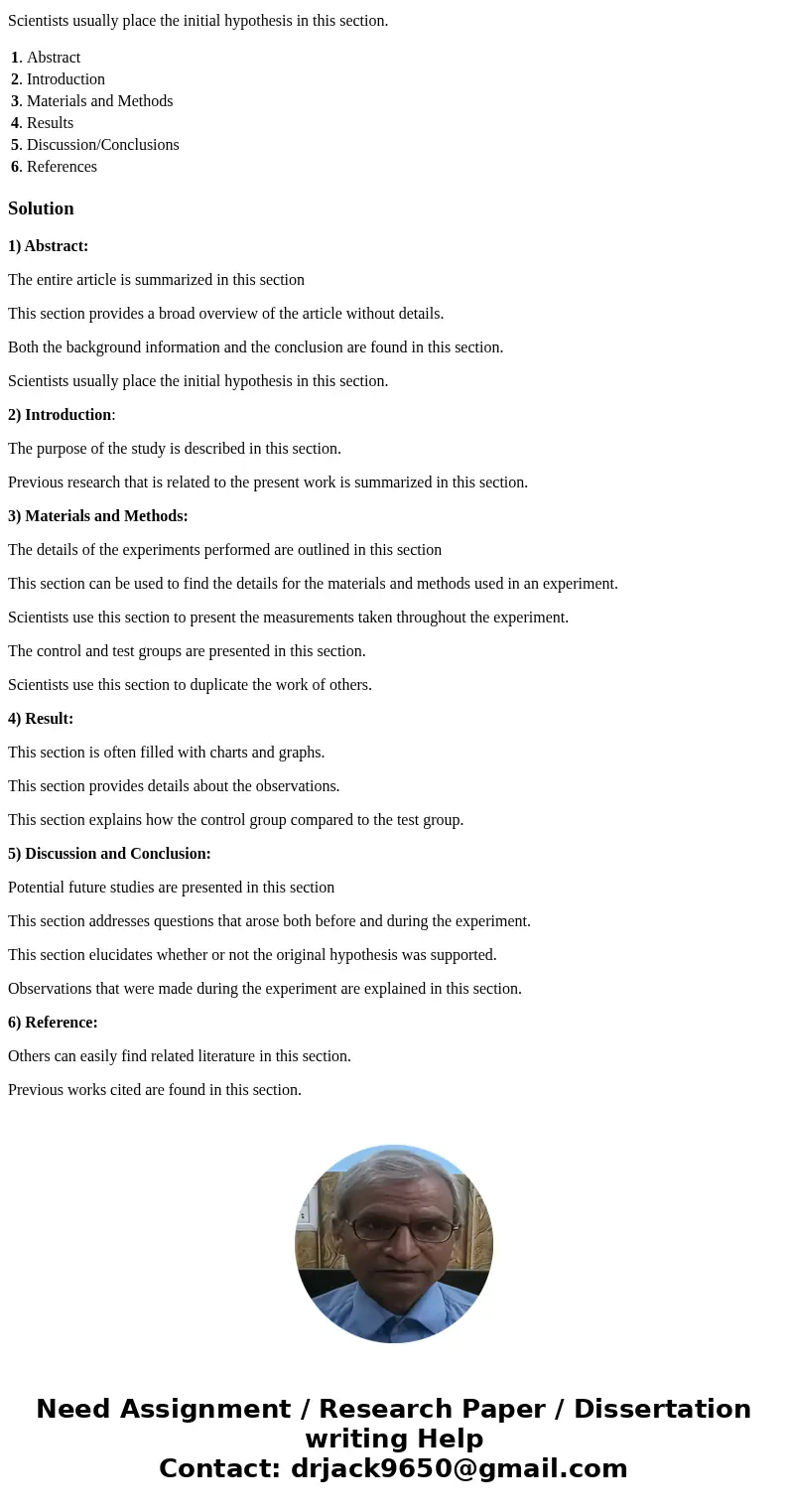 Please indicate the appropriate section of a primary scientific research article described on the left by choosing the number corresponding to the correct secti