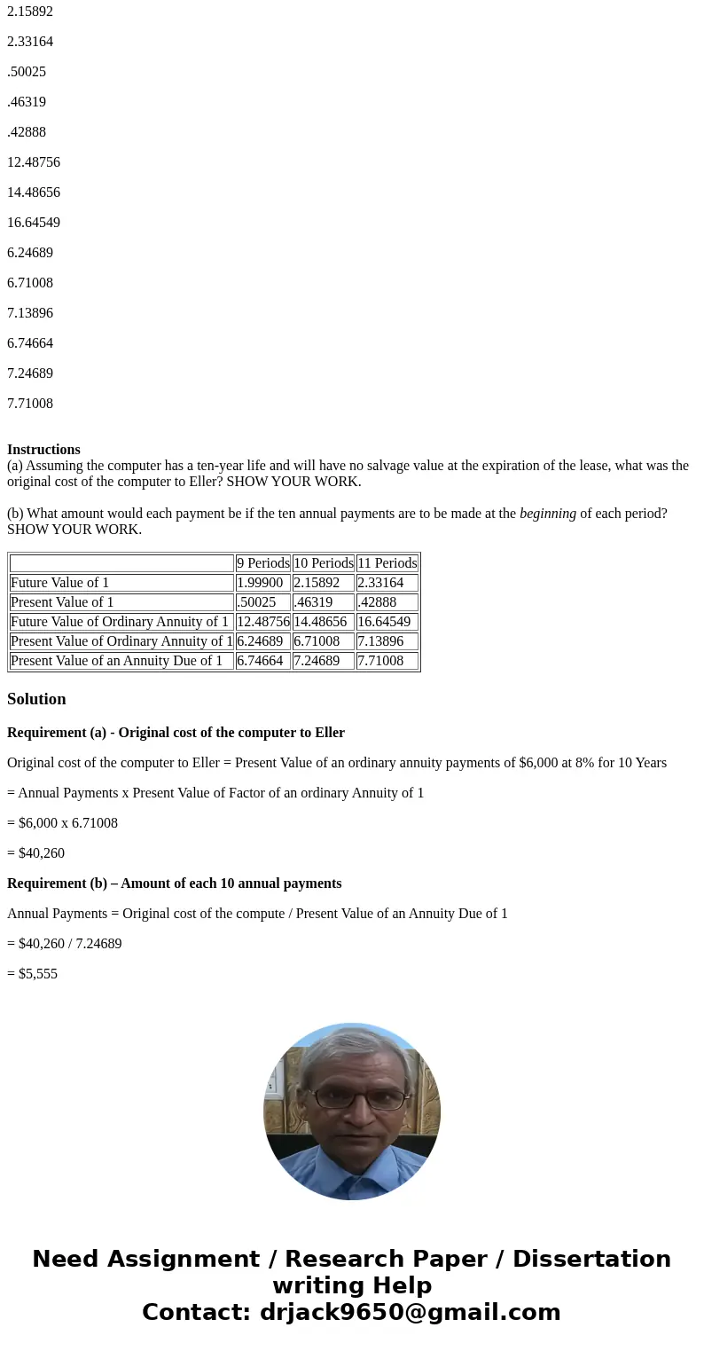 Present value of an ordinary annuity and annuity due. Jill Morris is presently leasing a small business computer from Eller Office Equipment Company. The lease 