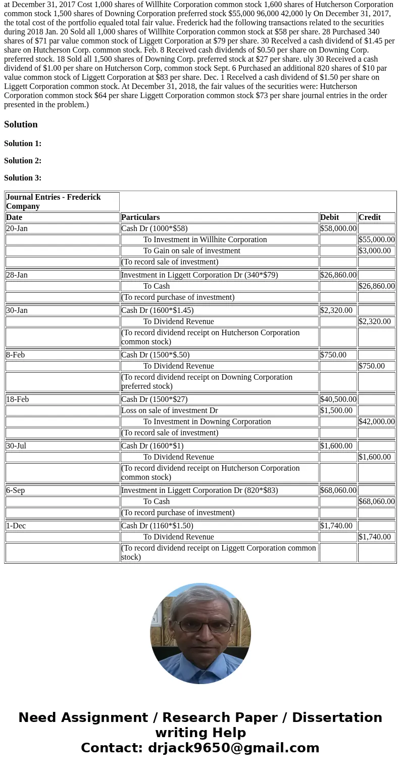  Problem 16-5A The following securities are in Frederick Company\'s portfolio of long-term available-for-sale securities at December 31, 2017 Cost 1,000 shares 
