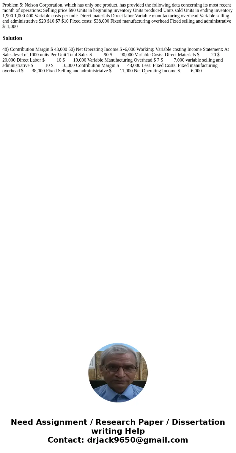 Problem 5: Nelson Corporation, which has only one product, has provided the following data concerning its most recent month of operations: Selling price $90 Un  Problem 5: Nelson Corporation, which has only one product, has provided the following data concerning its most recent month of operations: Selling price $90 Un