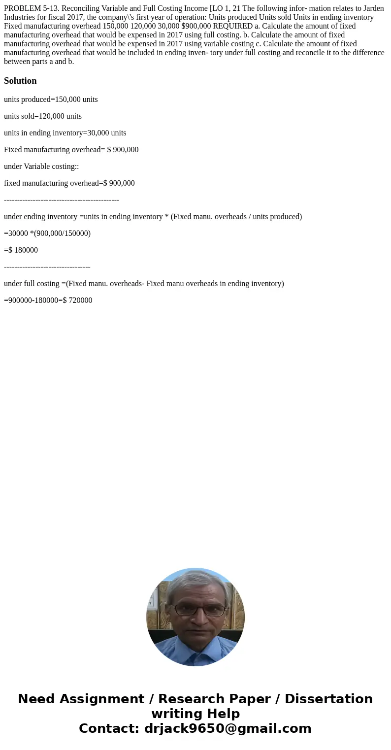  PROBLEM 5-13. Reconciling Variable and Full Costing Income [LO 1, 21 The following infor- mation relates to Jarden Industries for fiscal 2017, the company\'s f