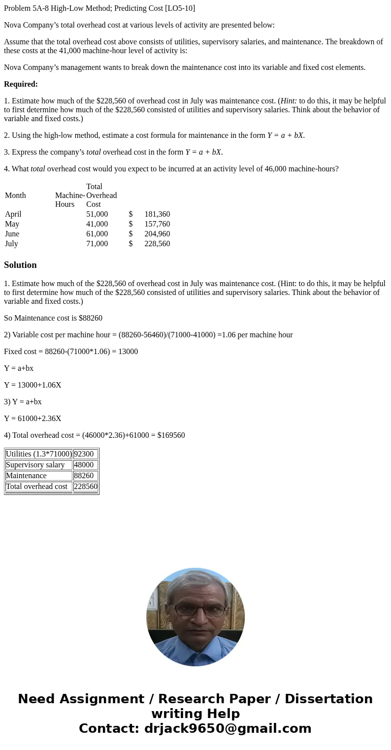 Problem 5A-8 High-Low Method; Predicting Cost [LO5-10] Nova Company’s total overhead cost at various levels of activity are presented below: Assume that the tot