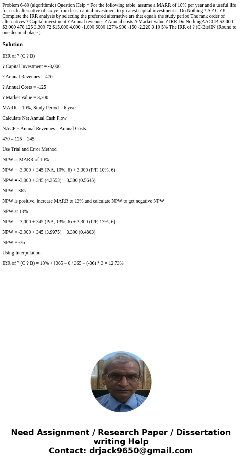 Problem 6-80 (algorithmic) Question Help * For the following table, assume a MARR of 10% per year and a useful life for each alternative of six ye from least c  Problem 6-80 (algorithmic) Question Help * For the following table, assume a MARR of 10% per year and a useful life for each alternative of six ye from least c