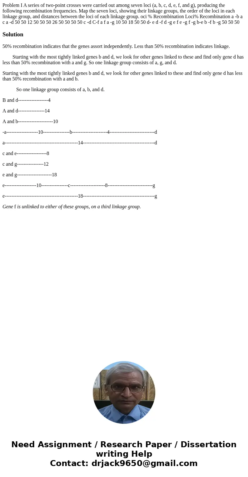  Problem I A series of two-point crosses were carried out among seven loci (a, b, c, d, e, f, and g), producing the following recombination frequencies. Map the