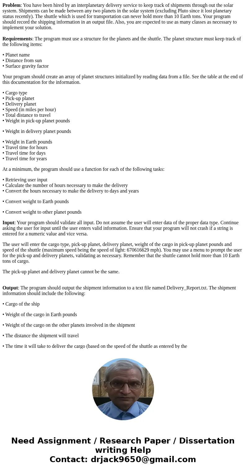 Problem: You have been hired by an interplanetary delivery service to keep track of shipments through out the solar system. Shipments can be made between any tw