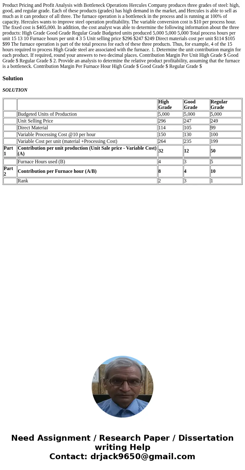 Product Pricing and Profit Analysis with Bottleneck Operations Hercules Company produces three grades of steel: high, good, and regular grade. Each of these pro Product Pricing and Profit Analysis with Bottleneck Operations Hercules Company produces three grades of steel: high, good, and regular grade. Each of these pro
