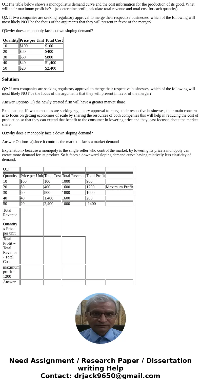 Q1:The table below shows a monopolist\'s demand curve and the cost information for the production of its good. What will their maximum profit be? (to determine 