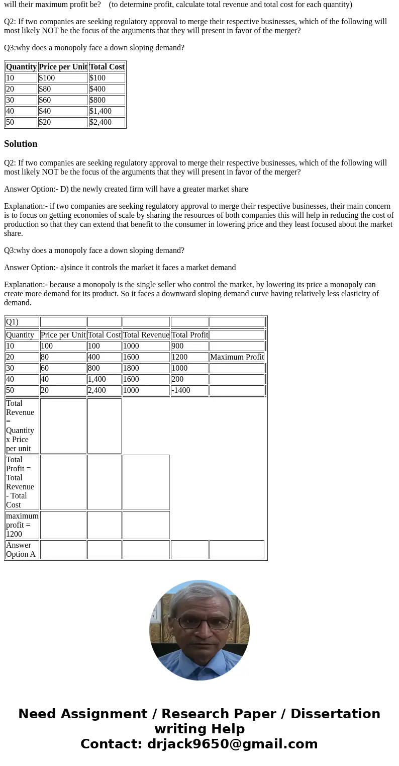 Q1:The table below shows a monopolist\'s demand curve and the cost information for the production of its good. What will their maximum profit be? (to determine 