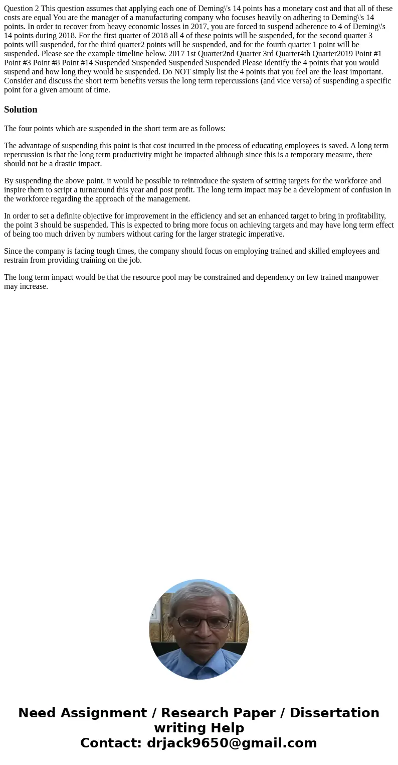  Question 2 This question assumes that applying each one of Deming\'s 14 points has a monetary cost and that all of these costs are equal You are the manager of