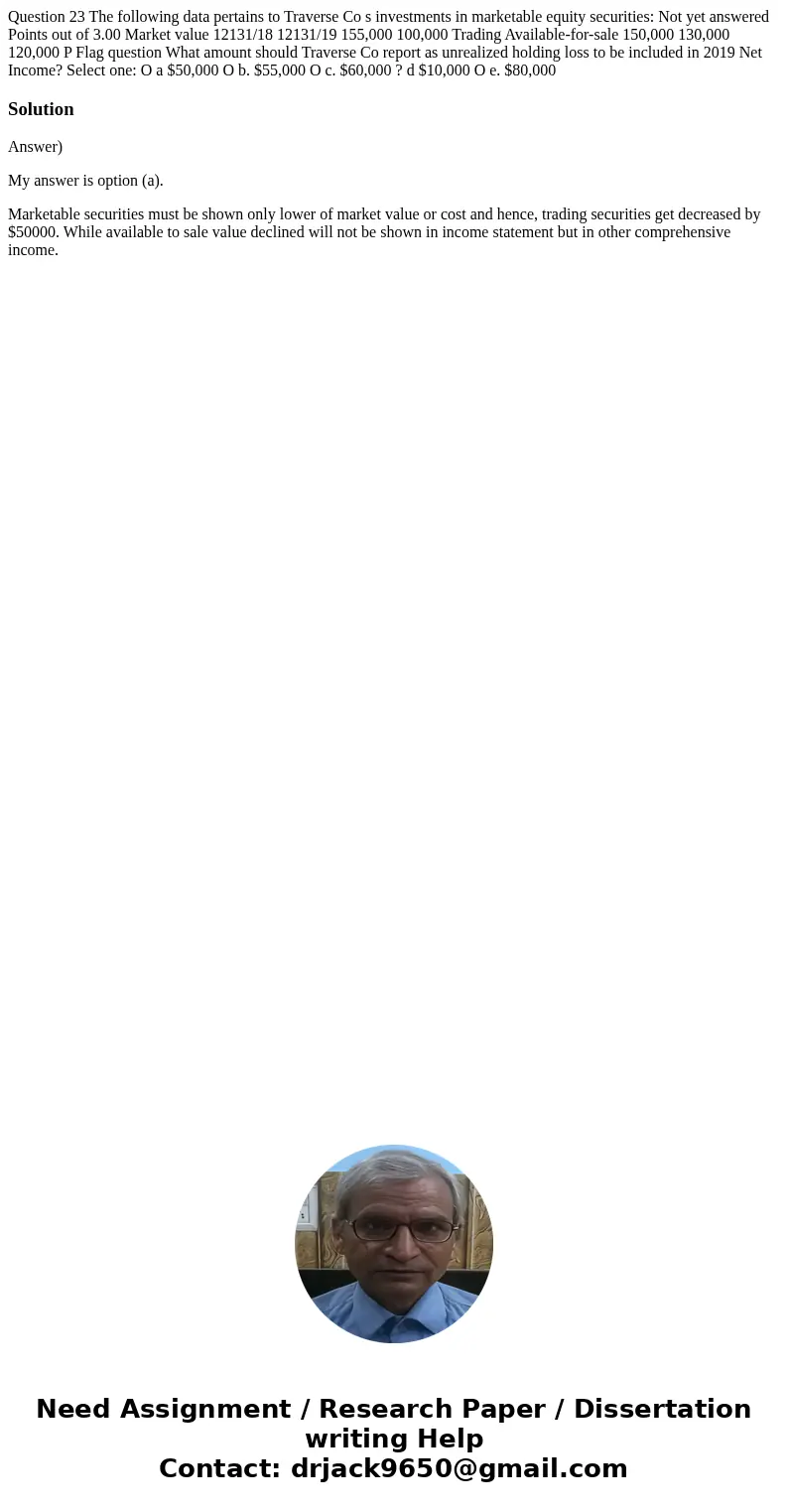  Question 23 The following data pertains to Traverse Co s investments in marketable equity securities: Not yet answered Points out of 3.00 Market value 12131/18