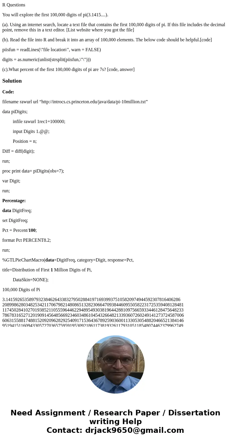R Questions You will explore the first 100,000 digits of pi(3.1415....). (a). Using an internet search, locate a text file that contains the first 100,000 digit R Questions You will explore the first 100,000 digits of pi(3.1415....). (a). Using an internet search, locate a text file that contains the first 100,000 digit