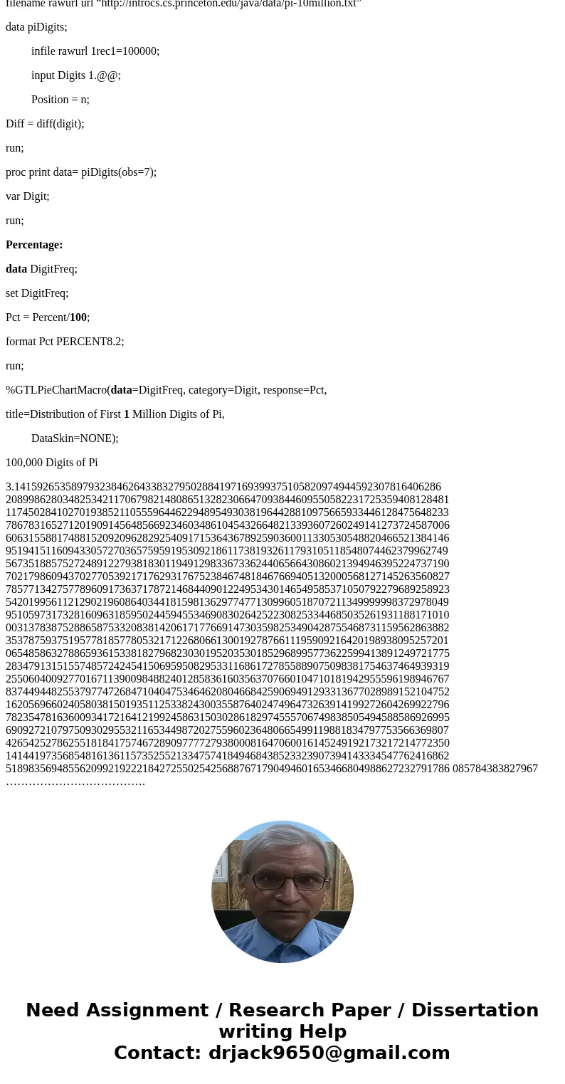 R Questions You will explore the first 100,000 digits of pi(3.1415....). (a). Using an internet search, locate a text file that contains the first 100,000 digit R Questions You will explore the first 100,000 digits of pi(3.1415....). (a). Using an internet search, locate a text file that contains the first 100,000 digit