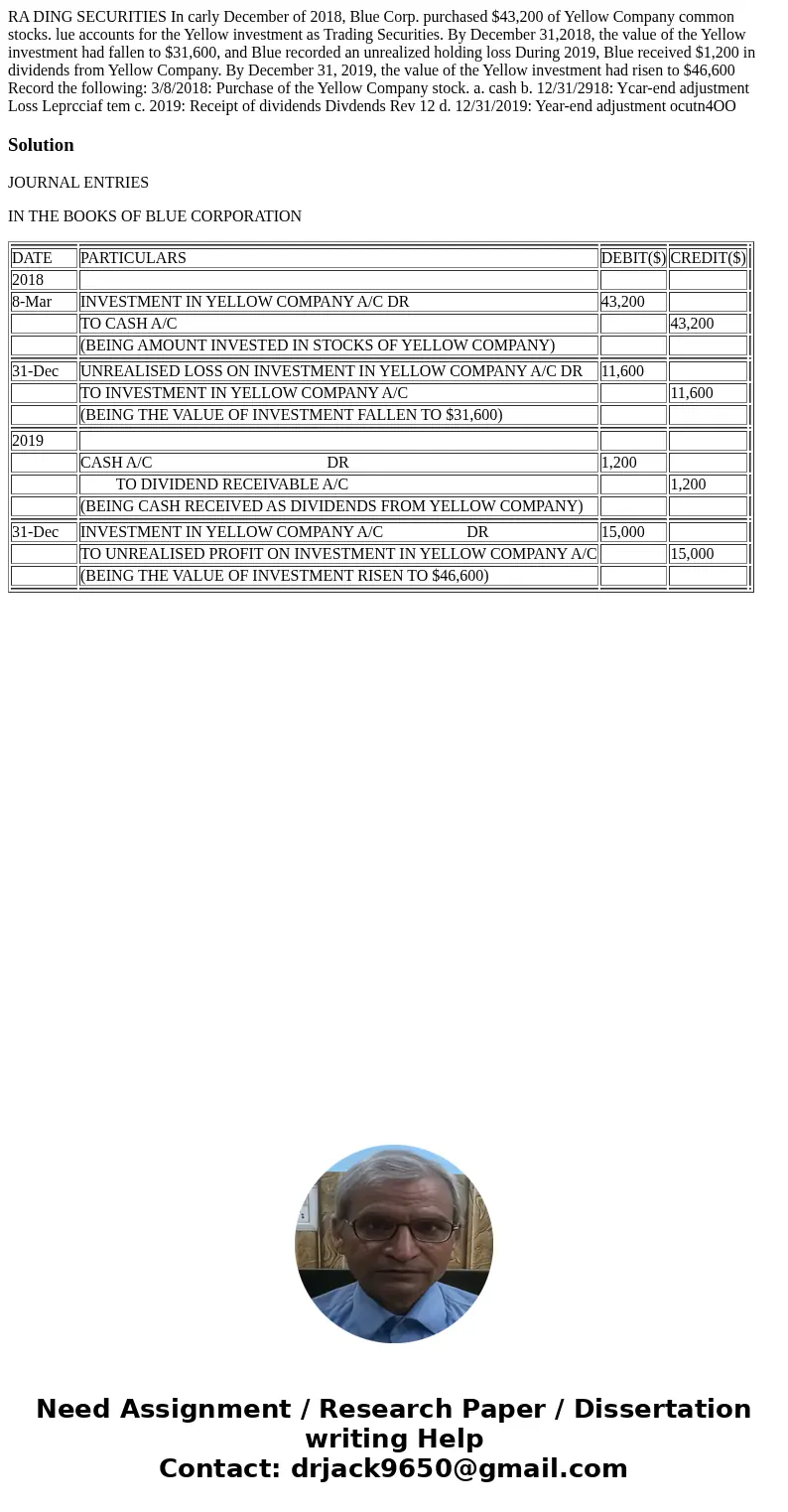  RA DING SECURITIES In carly December of 2018, Blue Corp. purchased $43,200 of Yellow Company common stocks. lue accounts for the Yellow investment as Trading S