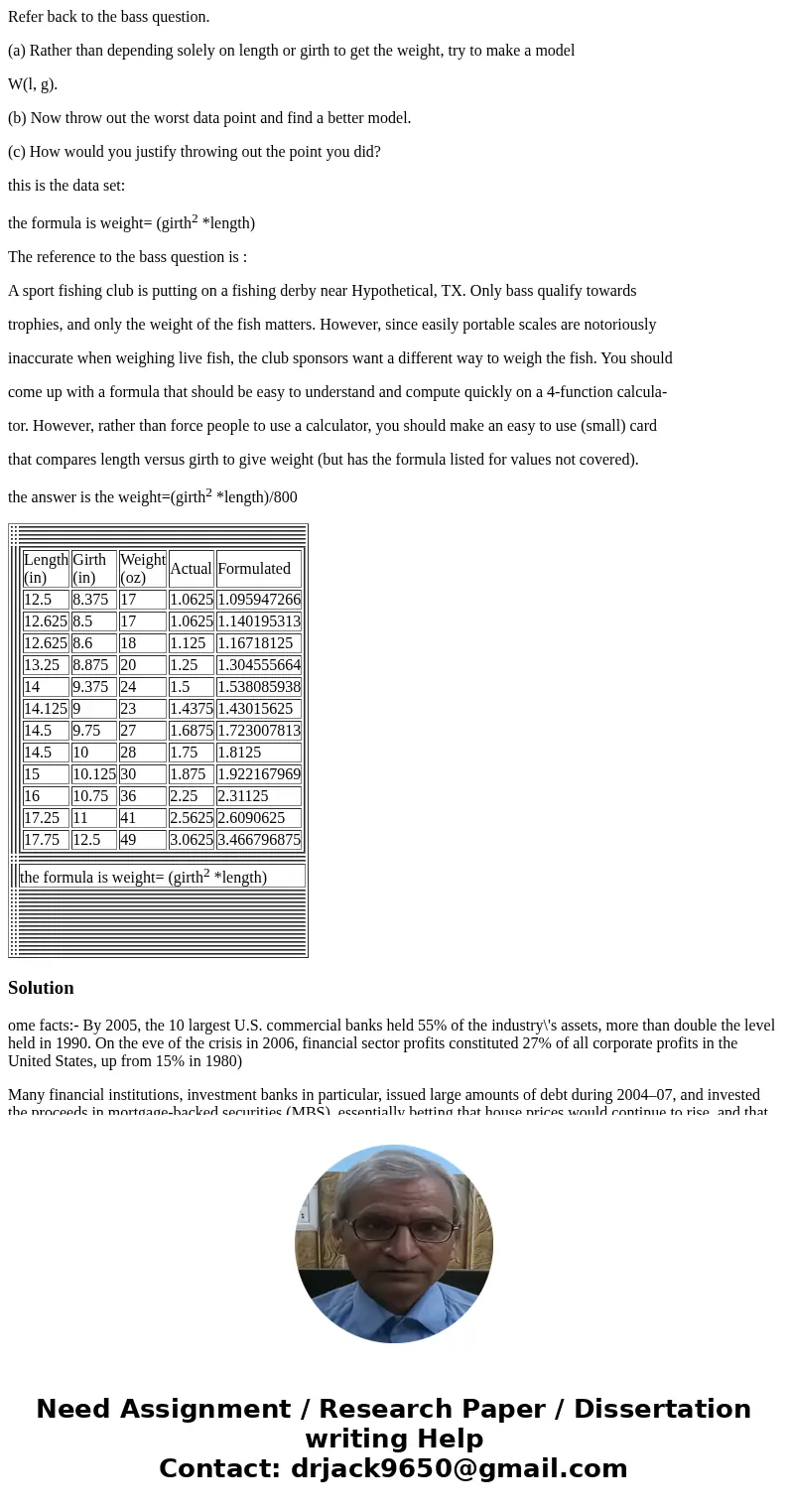 Refer back to the bass question. (a) Rather than depending solely on length or girth to get the weight, try to make a model W(l, g). (b) Now throw out the worst