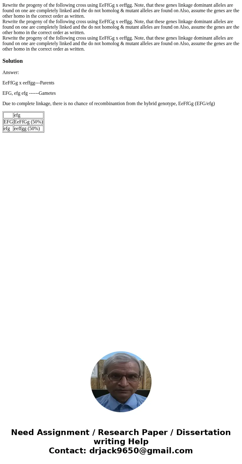  Rewrite the progeny of the following cross using EeFfGg x eeffgg. Note, that these genes linkage dominant alleles are found on one are completely linked and th