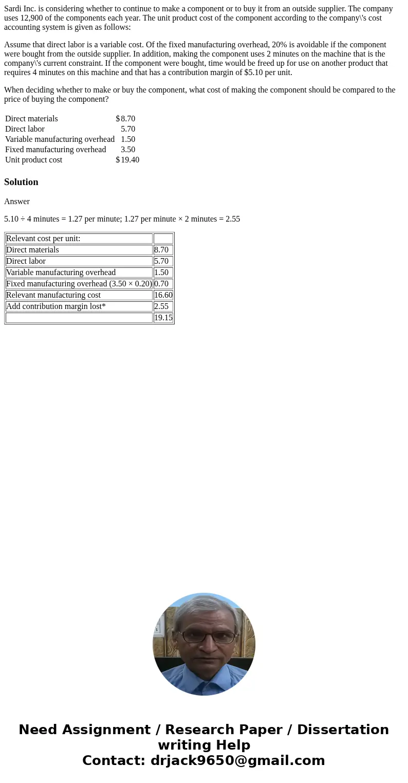 Sardi Inc. is considering whether to continue to make a component or to buy it from an outside supplier. The company uses 12,900 of the components each year. Th