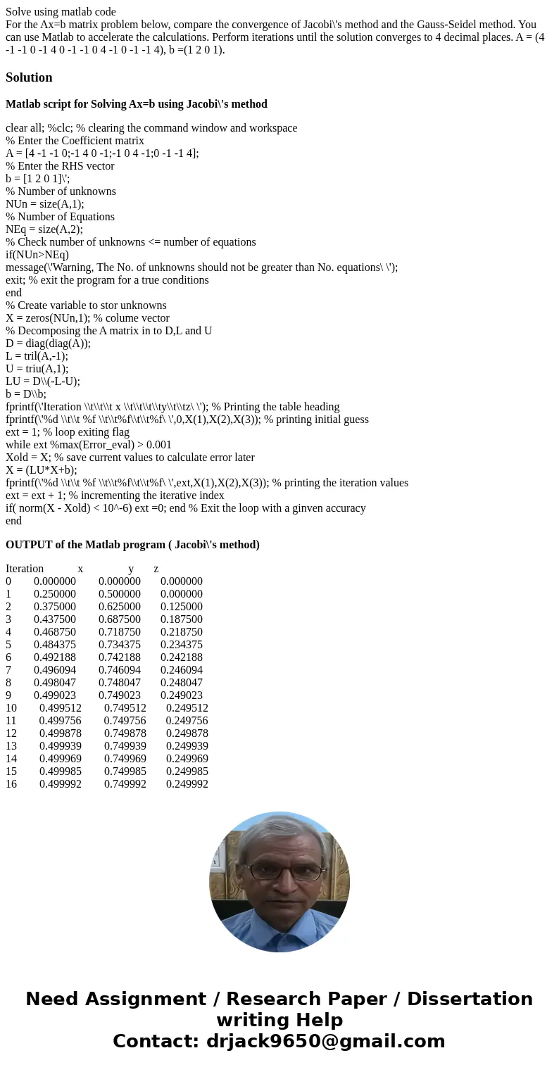 Solve using matlab code For the Ax=b matrix problem below, compare the convergence of Jacobi\'s method and the Gauss-Seidel method. You can use Matlab to accele Solve using matlab code For the Ax=b matrix problem below, compare the convergence of Jacobi\'s method and the Gauss-Seidel method. You can use Matlab to accele