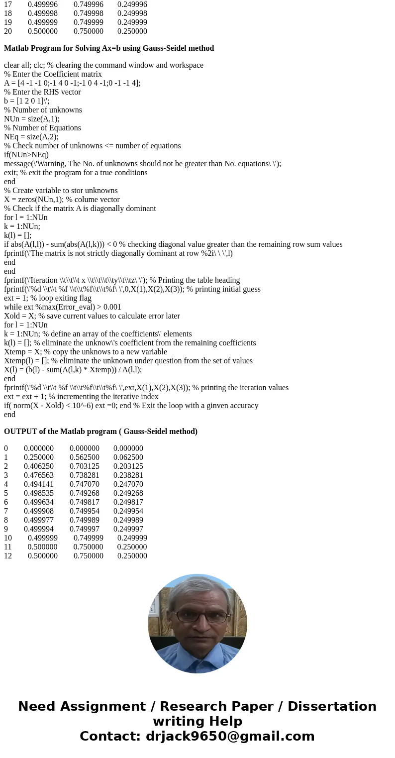 Solve using matlab code For the Ax=b matrix problem below, compare the convergence of Jacobi\'s method and the Gauss-Seidel method. You can use Matlab to accele Solve using matlab code For the Ax=b matrix problem below, compare the convergence of Jacobi\'s method and the Gauss-Seidel method. You can use Matlab to accele
