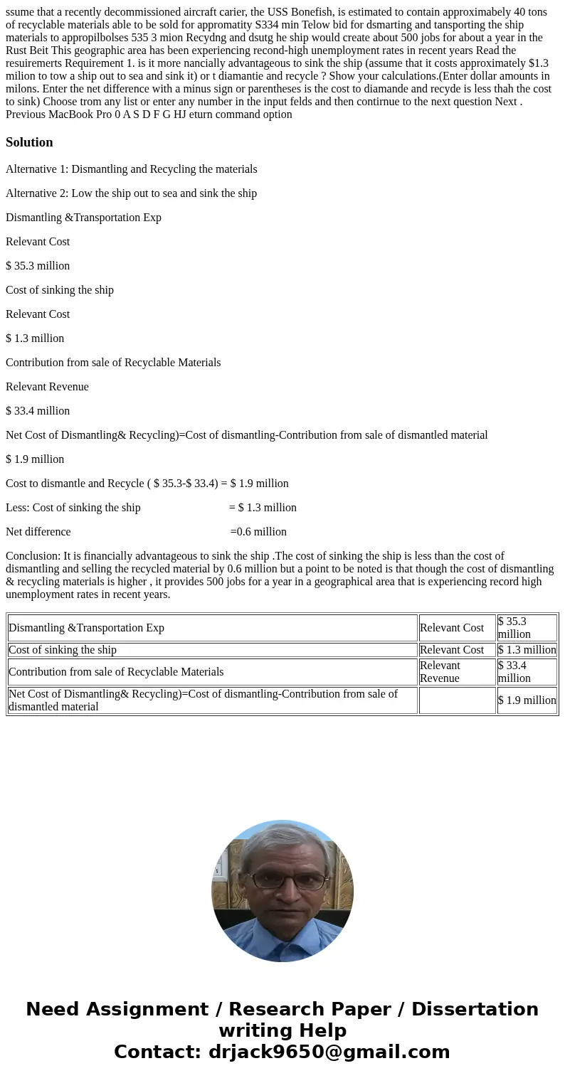  ssume that a recently decommissioned aircraft carier, the USS Bonefish, is estimated to contain approximabely 40 tons of recyclable materials able to be sold f