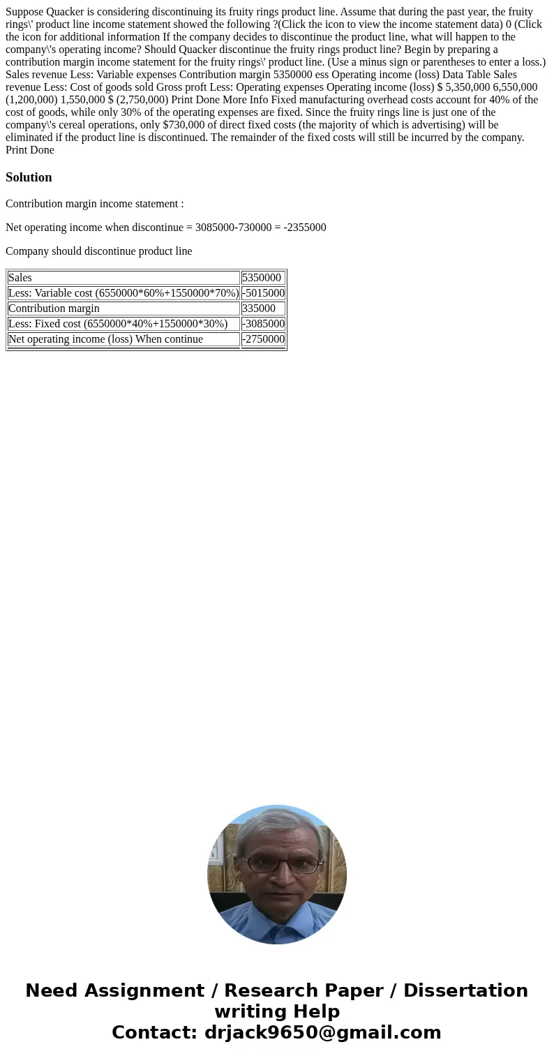 Suppose Quacker is considering discontinuing its fruity rings product line. Assume that during the past year, the fruity rings\' product line income statement 
