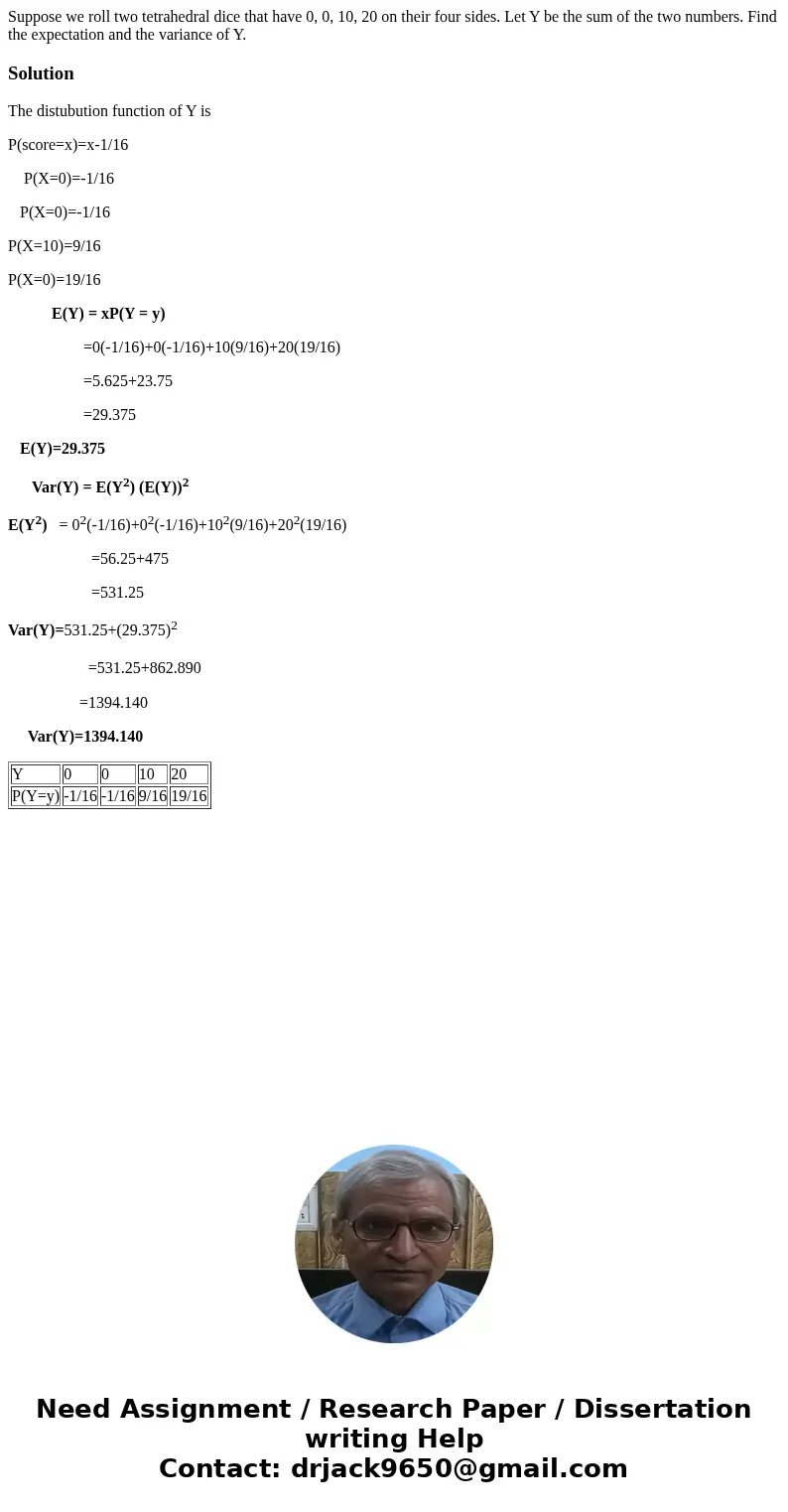 Suppose we roll two tetrahedral dice that have 0, 0, 10, 20 on their four sides. Let Y be the sum of the two numbers. Find the expectation and the variance of Y Suppose we roll two tetrahedral dice that have 0, 0, 10, 20 on their four sides. Let Y be the sum of the two numbers. Find the expectation and the variance of Y
