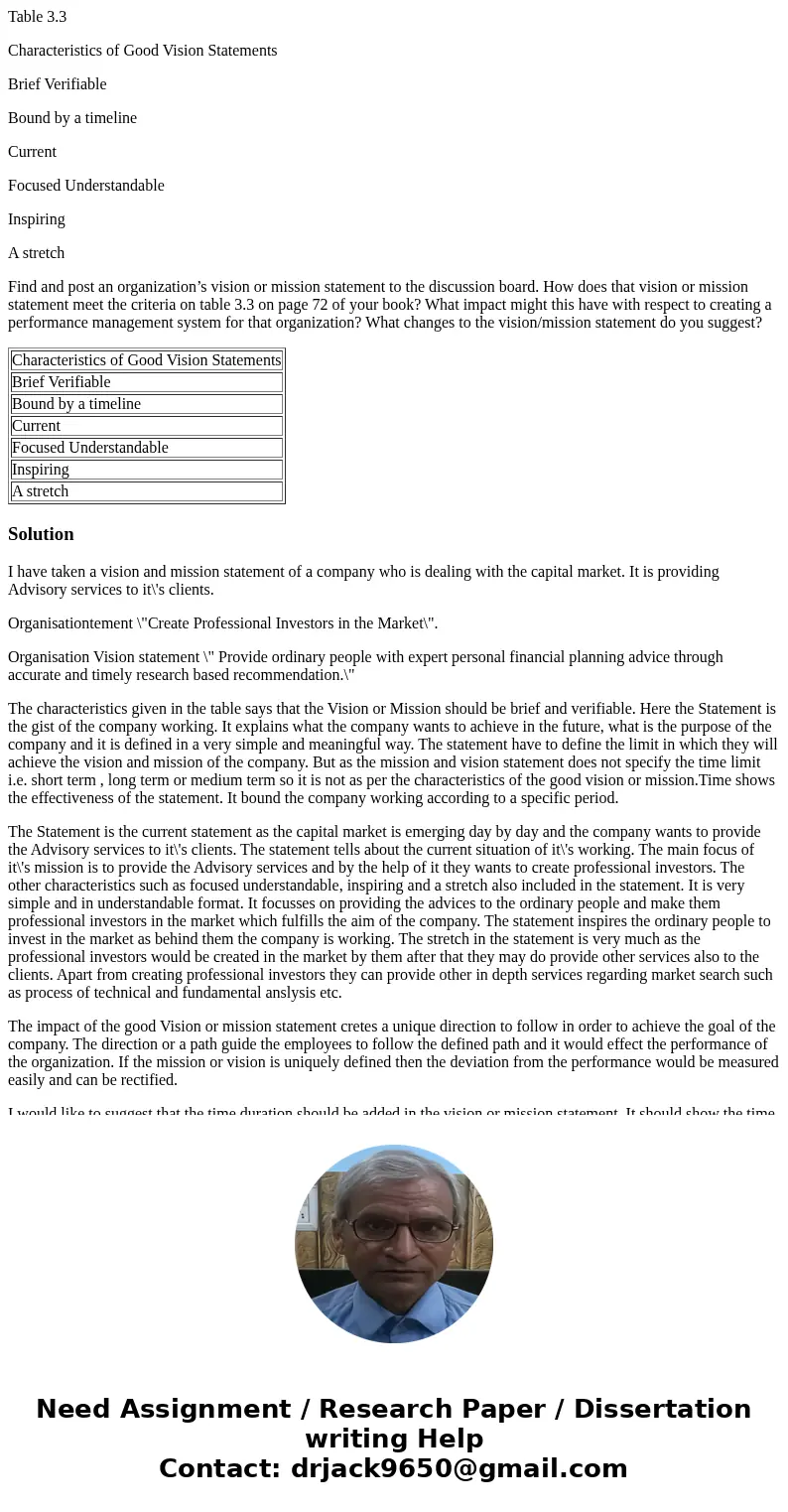 Table 3.3 Characteristics of Good Vision Statements Brief Verifiable Bound by a timeline Current Focused Understandable Inspiring A stretch Find and post an org Table 3.3 Characteristics of Good Vision Statements Brief Verifiable Bound by a timeline Current Focused Understandable Inspiring A stretch Find and post an org