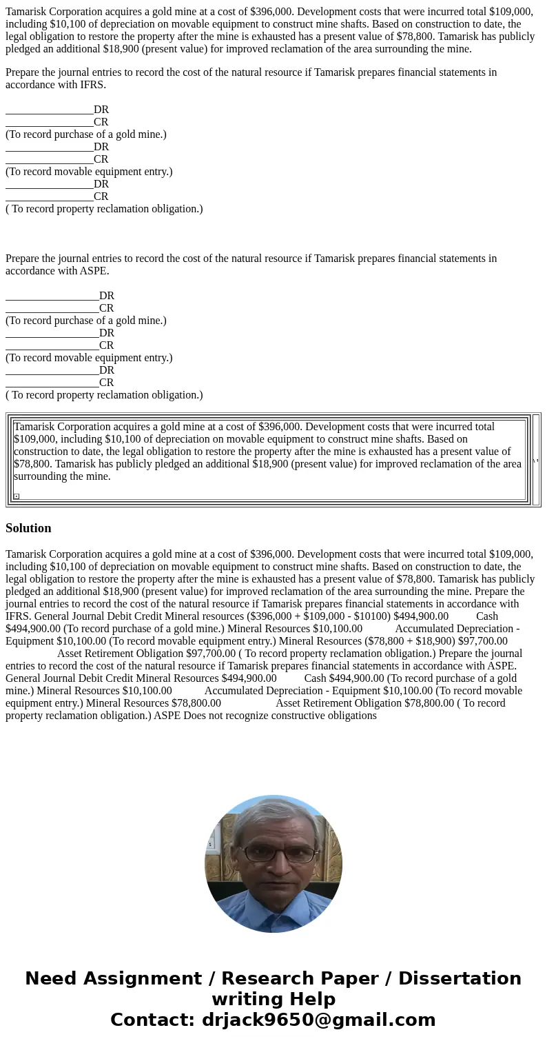 Tamarisk Corporation acquires a gold mine at a cost of $396,000. Development costs that were incurred total $109,000, including $10,100 of depreciation on movab