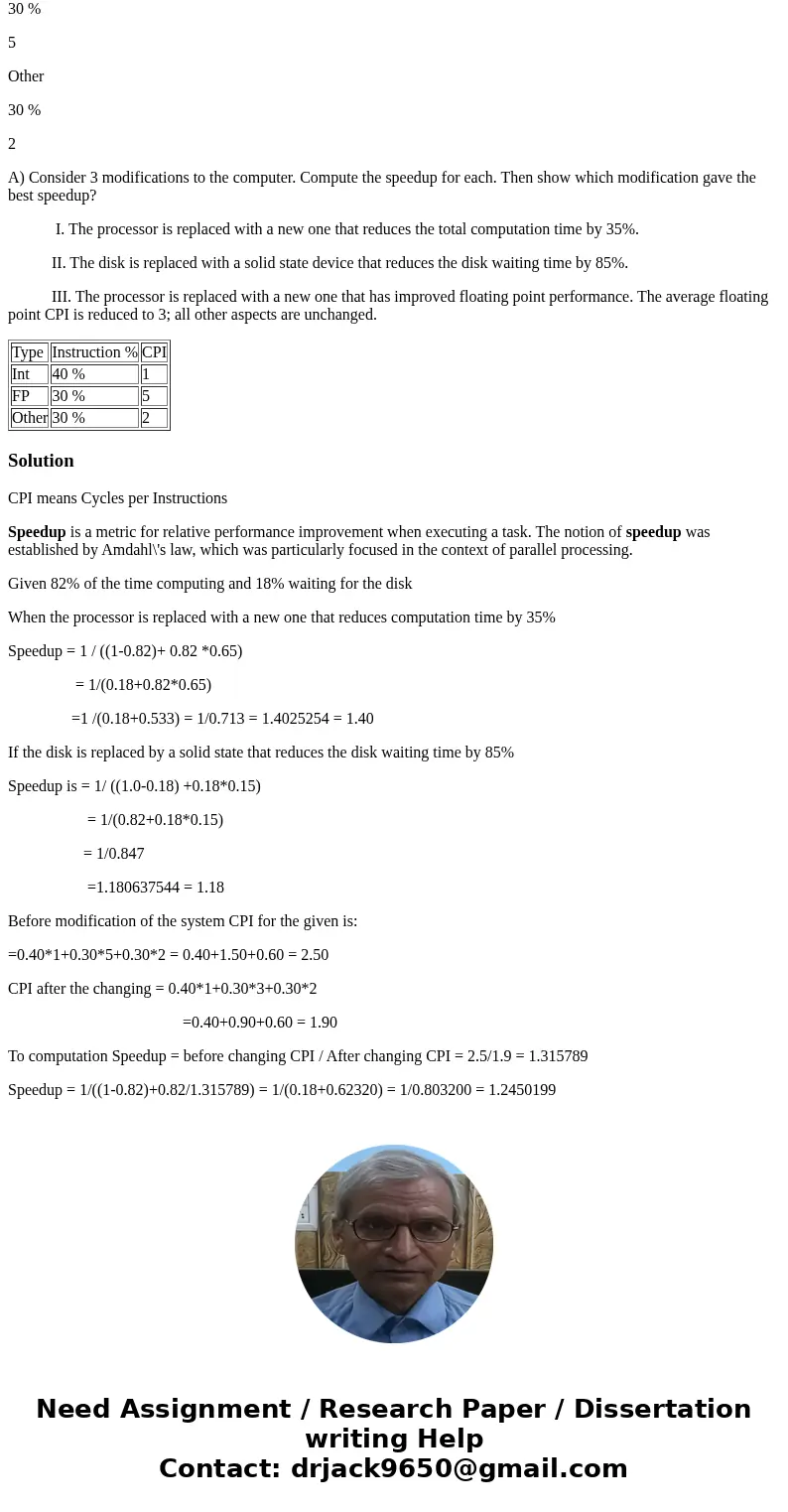 The computer sends 82% of the time computing and 18% waiting for the disk. The instruction mix and the average cycles per instruction (CPI) for each type is: Ty