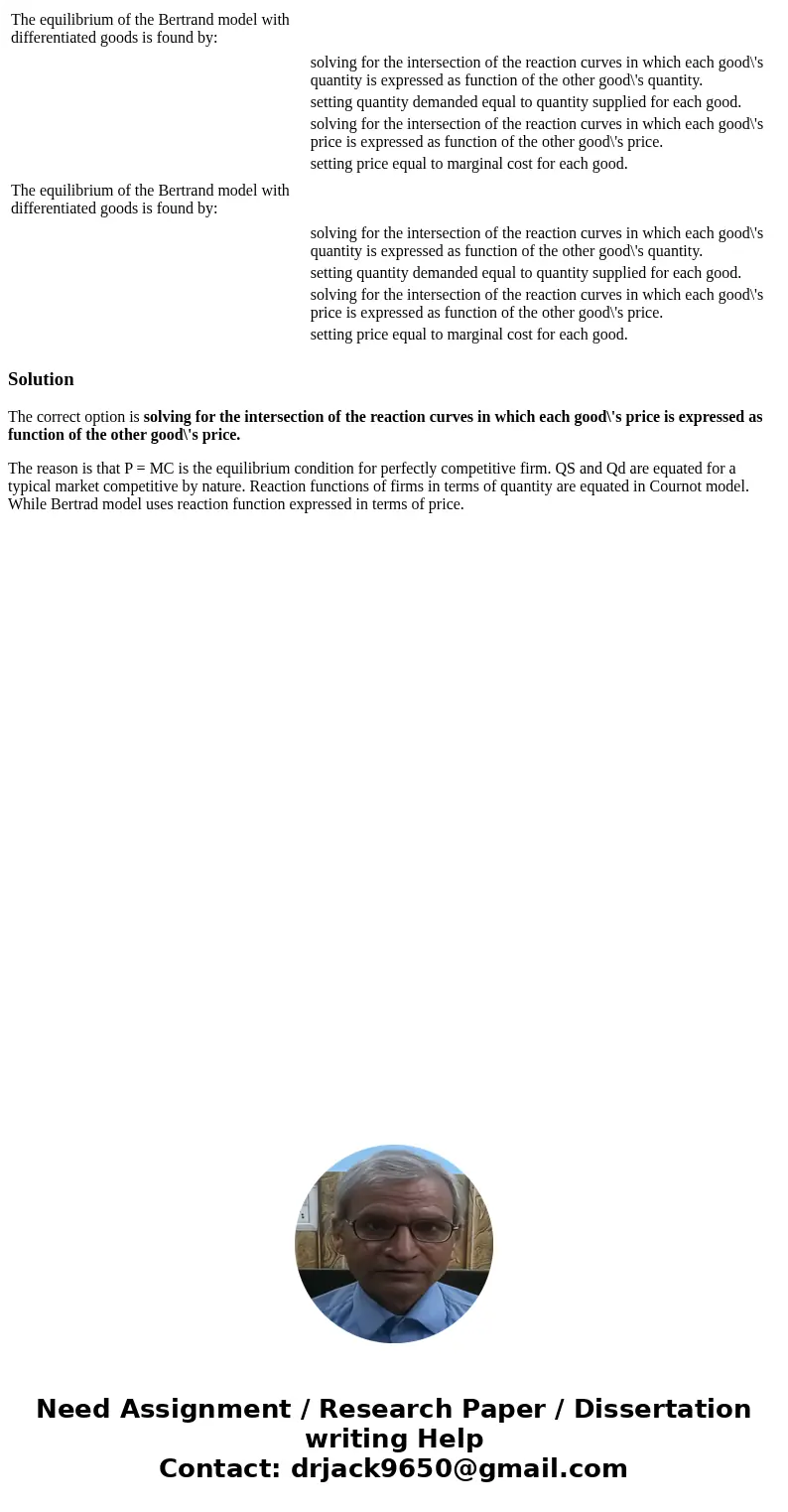  The equilibrium of the Bertrand model with differentiated goods is found by: solving for the intersection of the reaction curves in which each good\'s quantity
