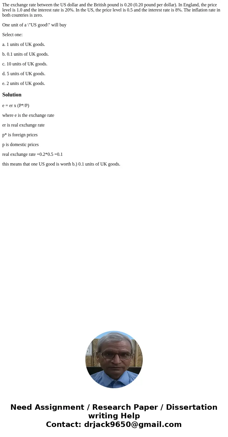 The exchange rate between the US dollar and the British pound is 0.20 (0.20 pound per dollar). In England, the price level is 1.0 and the interest rate is 20%. 