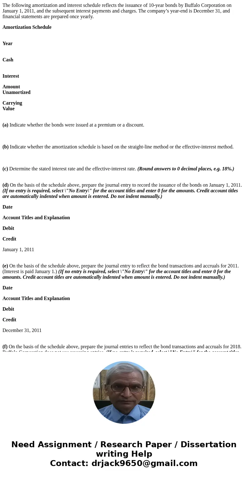 The following amortization and interest schedule reflects the issuance of 10-year bonds by Buffalo Corporation on January 1, 2011, and the subsequent interest p