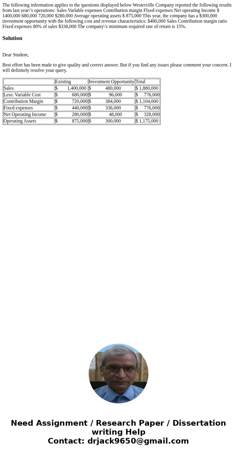 The following information applies to the questions displayed below Westerville Company reported the following results from last year\'s operations: Sales Varla  The following information applies to the questions displayed below Westerville Company reported the following results from last year\'s operations: Sales Varla