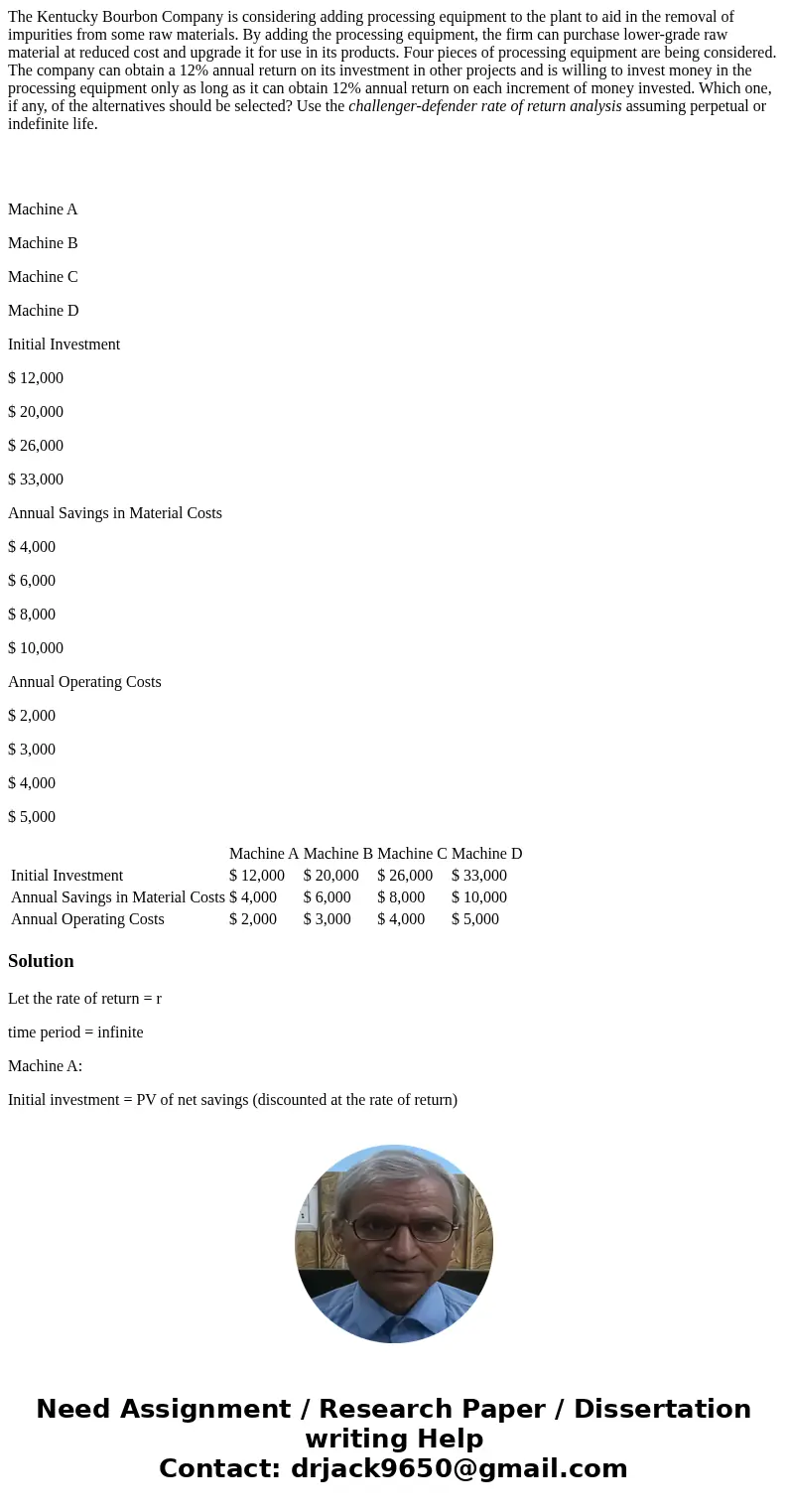 The Kentucky Bourbon Company is considering adding processing equipment to the plant to aid in the removal of impurities from some raw materials. By adding the 