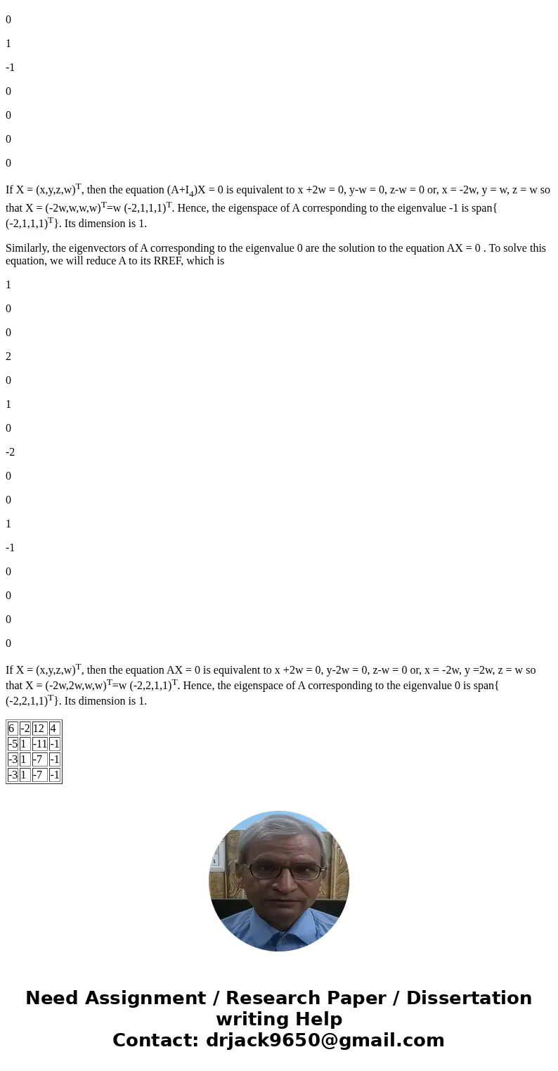 The matrix A=[(6 -2 12 4), (-5 1 -11 -1),( -3 1 -7 -1),( -3 1 -7 -1)] has two real eigenvalues 1<2. Find these eigenvalues, their multiplicities, and the dim