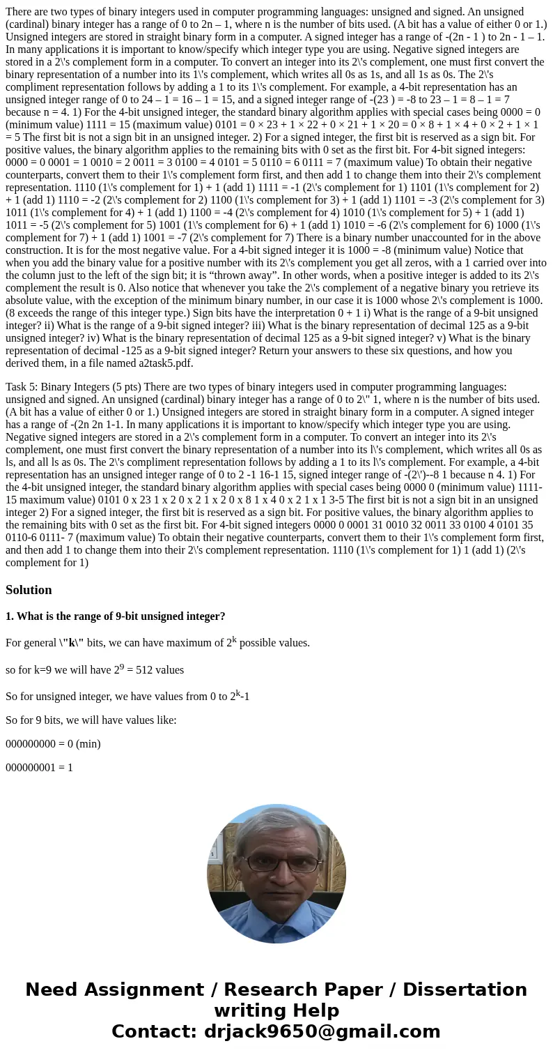There are two types of binary integers used in computer programming languages: unsigned and signed. An unsigned (cardinal) binary integer has a range of 0 to 2n There are two types of binary integers used in computer programming languages: unsigned and signed. An unsigned (cardinal) binary integer has a range of 0 to 2n