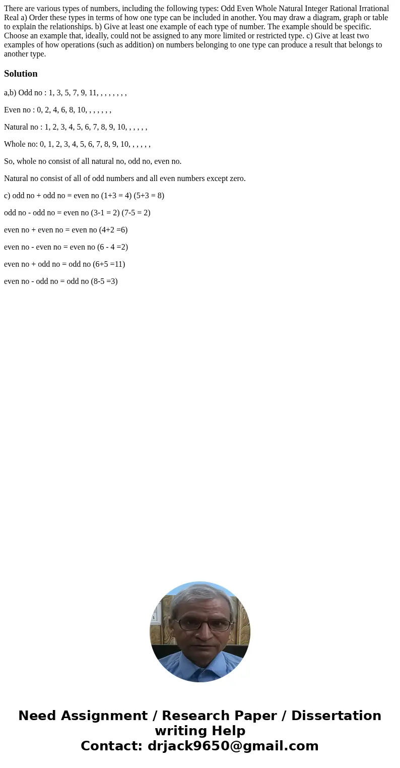 There are various types of numbers, including the following types: Odd Even Whole Natural Integer Rational Irrational Real a) Order these types in terms of how 