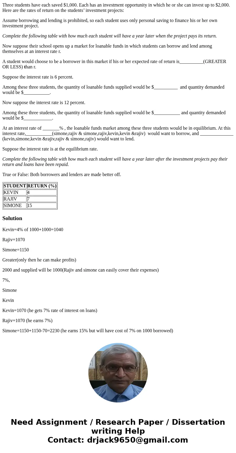 Three students have each saved $1,000. Each has an investment opportunity in which he or she can invest up to $2,000. Here are the rates of return on the studen