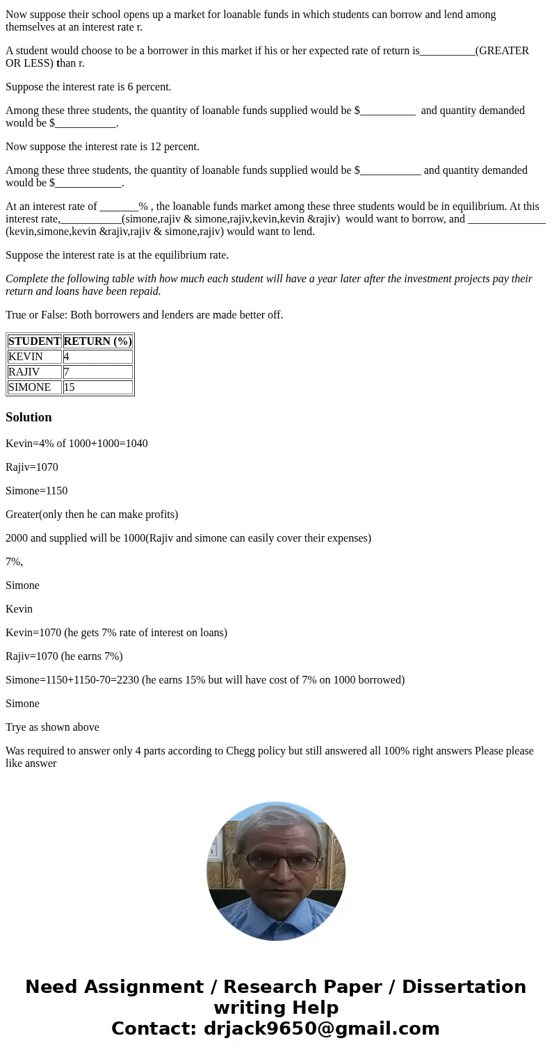 Three students have each saved $1,000. Each has an investment opportunity in which he or she can invest up to $2,000. Here are the rates of return on the studen