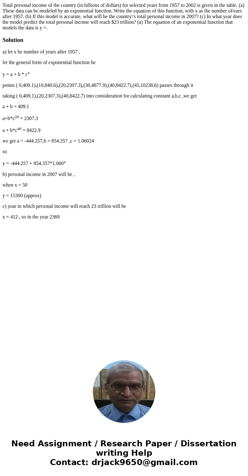  Total personal income of the country (in billions of dollars) for selected years from 1957 to 2002 is given in the table. (a) These data can be modeled by an e