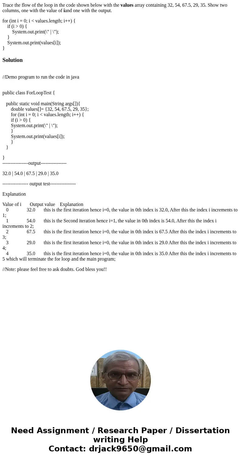 Trace the flow of the loop in the code shown below with the values array containing 32, 54, 67.5, 29, 35. Show two columns, one with the value of iand one with  Trace the flow of the loop in the code shown below with the values array containing 32, 54, 67.5, 29, 35. Show two columns, one with the value of iand one with