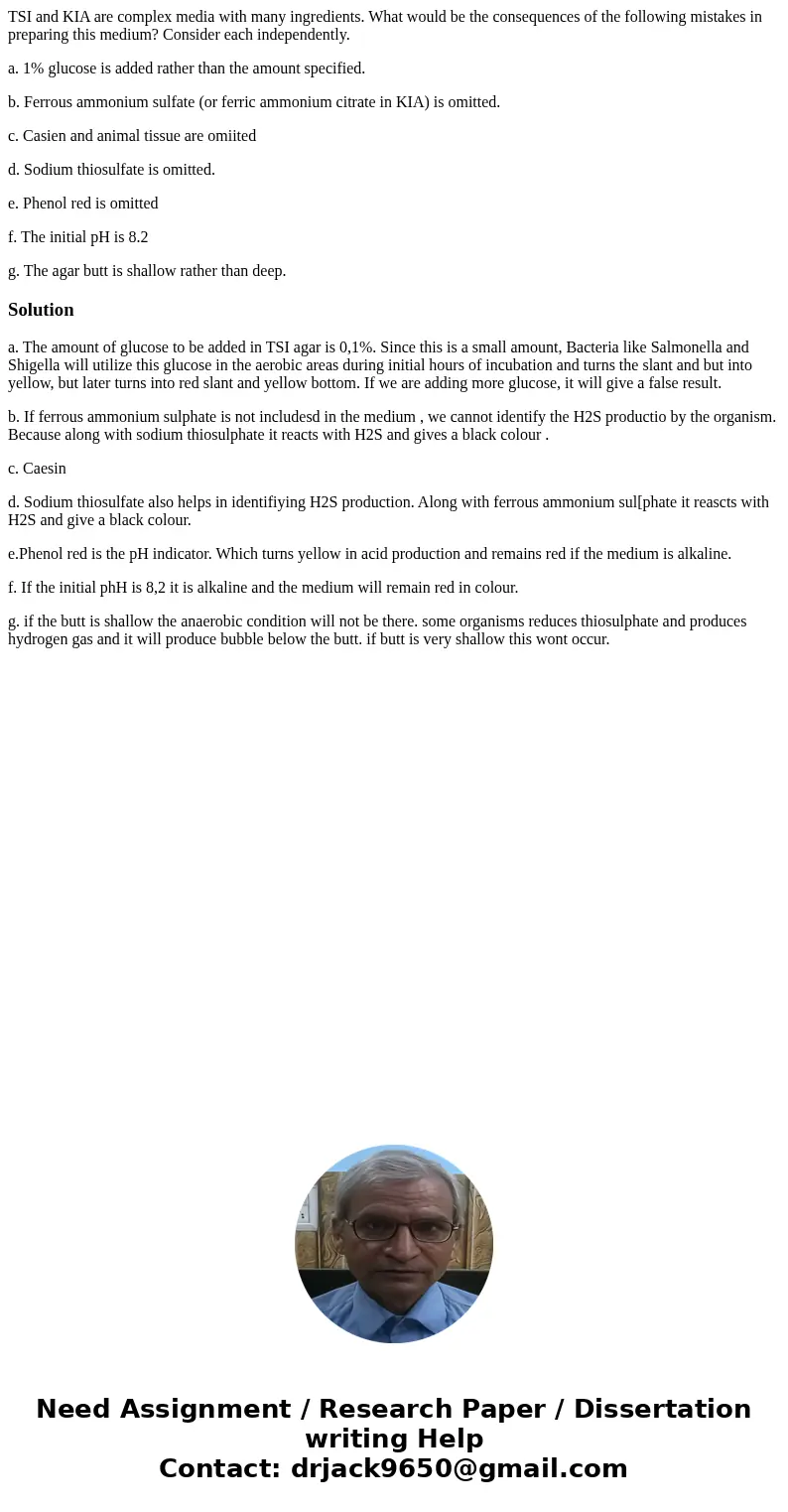 TSI and KIA are complex media with many ingredients. What would be the consequences of the following mistakes in preparing this medium? Consider each independen