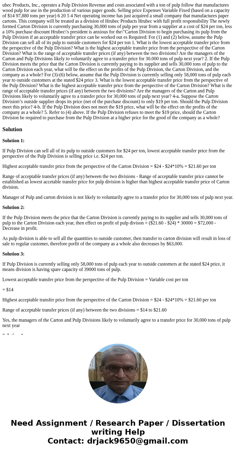  ubec Products, Inc., operates a Pulp Division Revenue and costs associated with a ton of pulp follow that manufactures wood pulp for use in the production of v