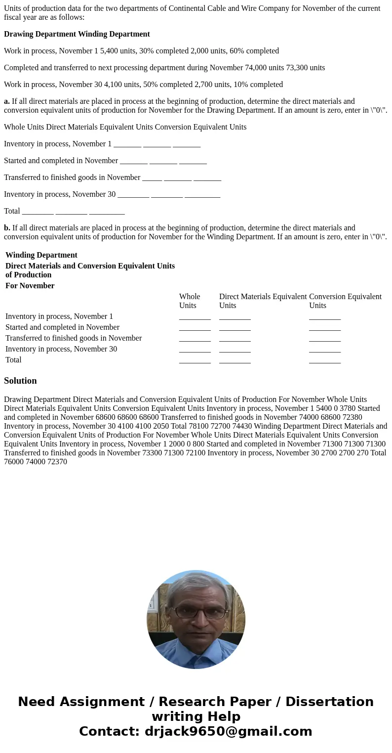 Units of production data for the two departments of Continental Cable and Wire Company for November of the current fiscal year are as follows: Drawing Departmen