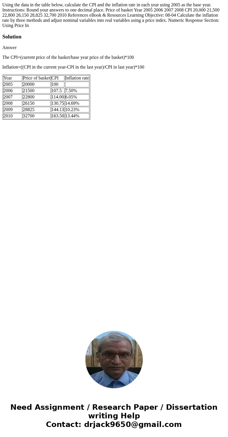 Using the data in the table below, calculate the CPI and the inflation rate in each year using 2005 as the base year. Instructions: Round your answers to one d  Using the data in the table below, calculate the CPI and the inflation rate in each year using 2005 as the base year. Instructions: Round your answers to one d